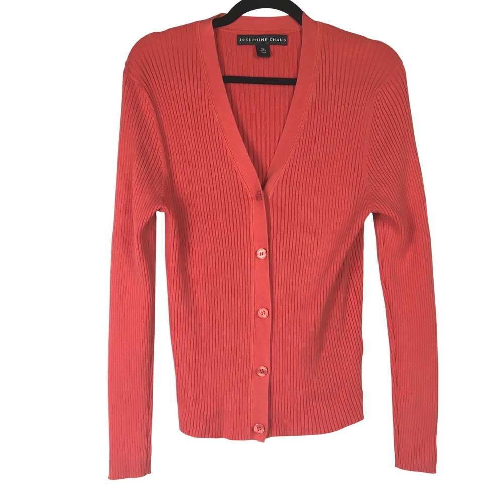 Josephine Chaus Silk Blend Ribbed V-Neck Cardigan XL Coral Red